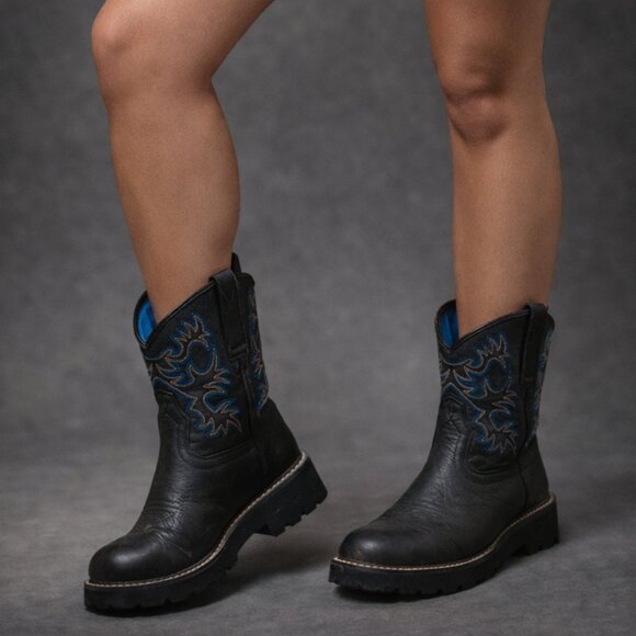 Ariat Fatbaby Black Leather Western Boots Blue Stitch | Women’s 9.5B | Lug Sole - Picture 2 of 9